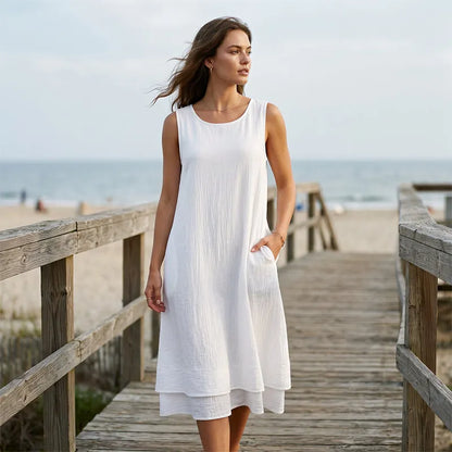Robe midi Femme Sans Manches Volants Coupe Aline