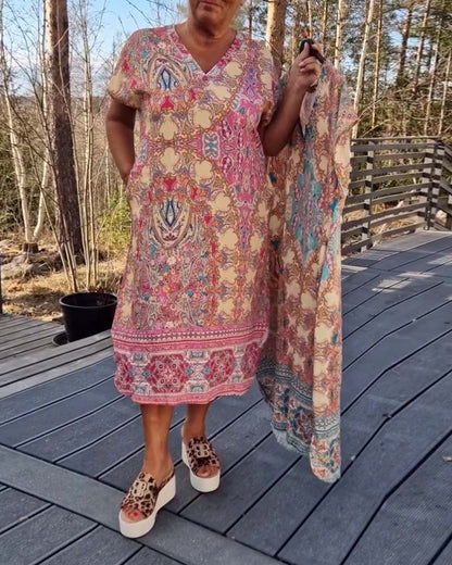 Robe Midi Femme Imprimée Col en V Coupe Droite - PanierRoyale