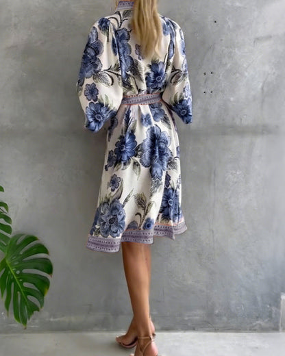 Robe Femme Imprimé Floral Manches Lanternes Boutons