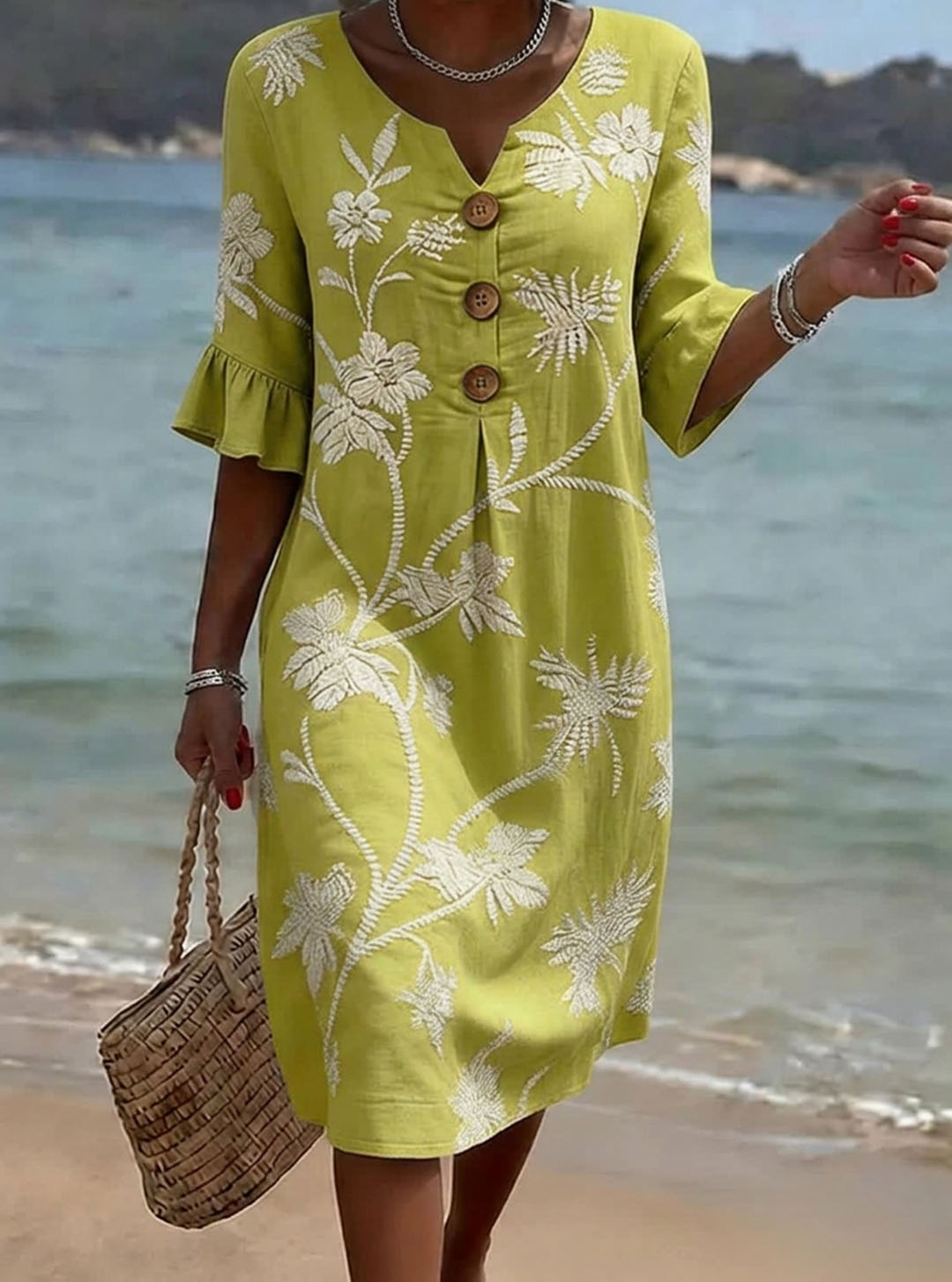 Robe Femme Coton Imprimé Floral Boutons Frontaux