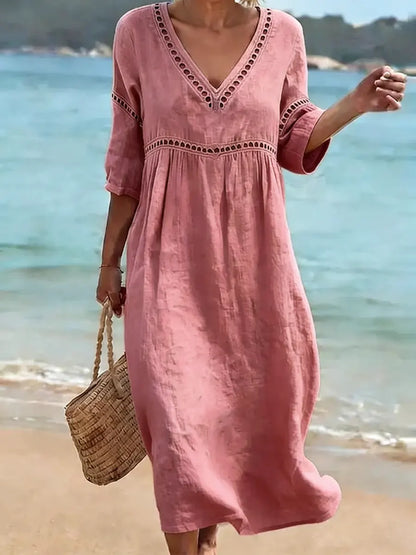 Robe Femme Coton Col V Coupe Fluide Manches Courtes