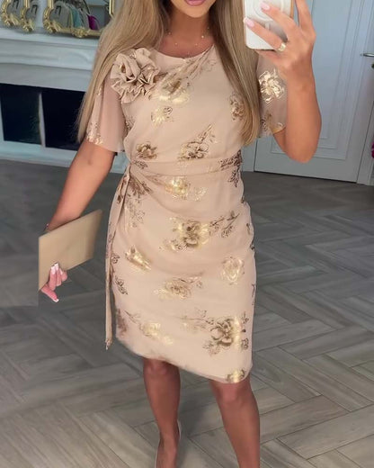 Robe midi Femme Taille Cintrée Manches Courtes en Tissu Imprimé
