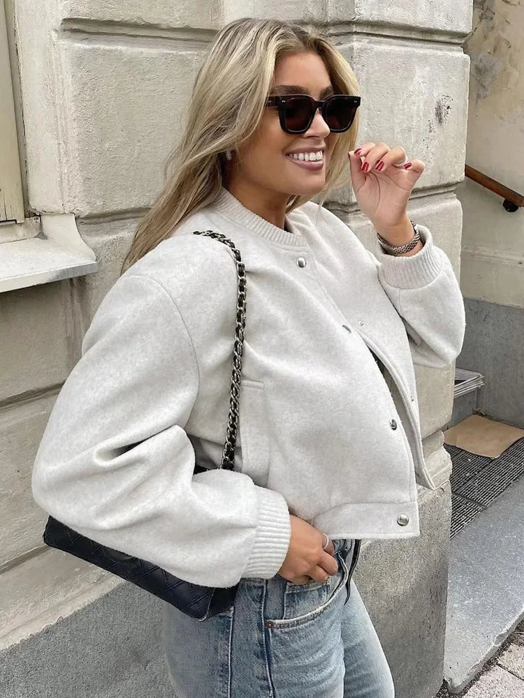 Blouson Bomber Femme Boutons Pression Coupe Courte Moderne