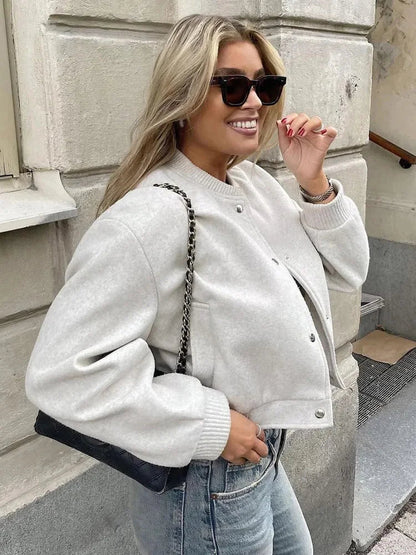 Blouson Bomber Femme Boutons Pression Coupe Courte Moderne