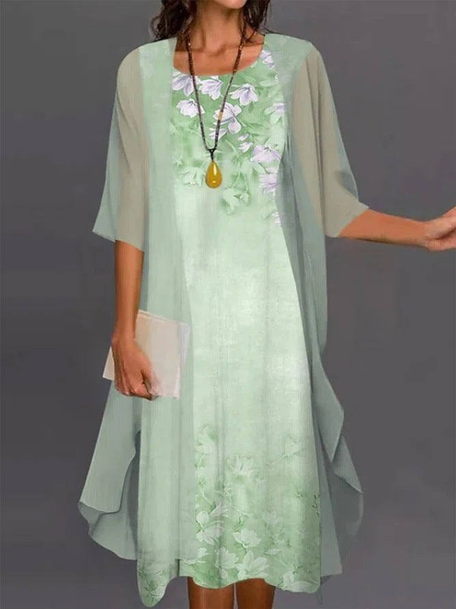 Ensemble Deux Pièces Femme Robe Midi Fluide Kimono Manches Longues