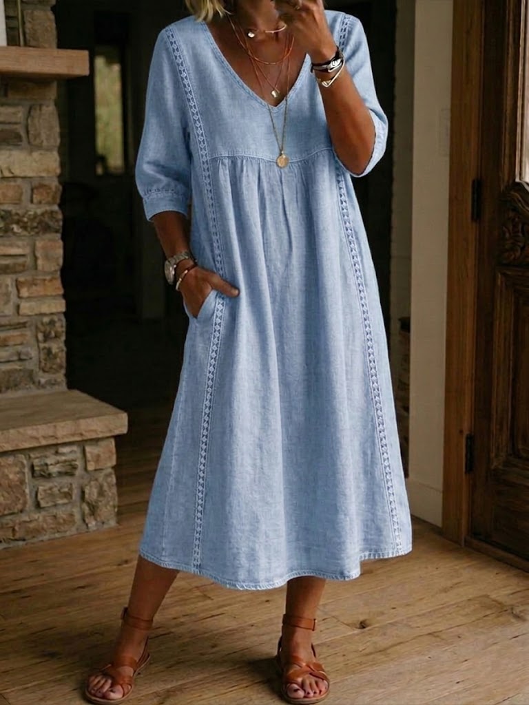 Robe Femme Coton Lin avec Dentelle Col en V
