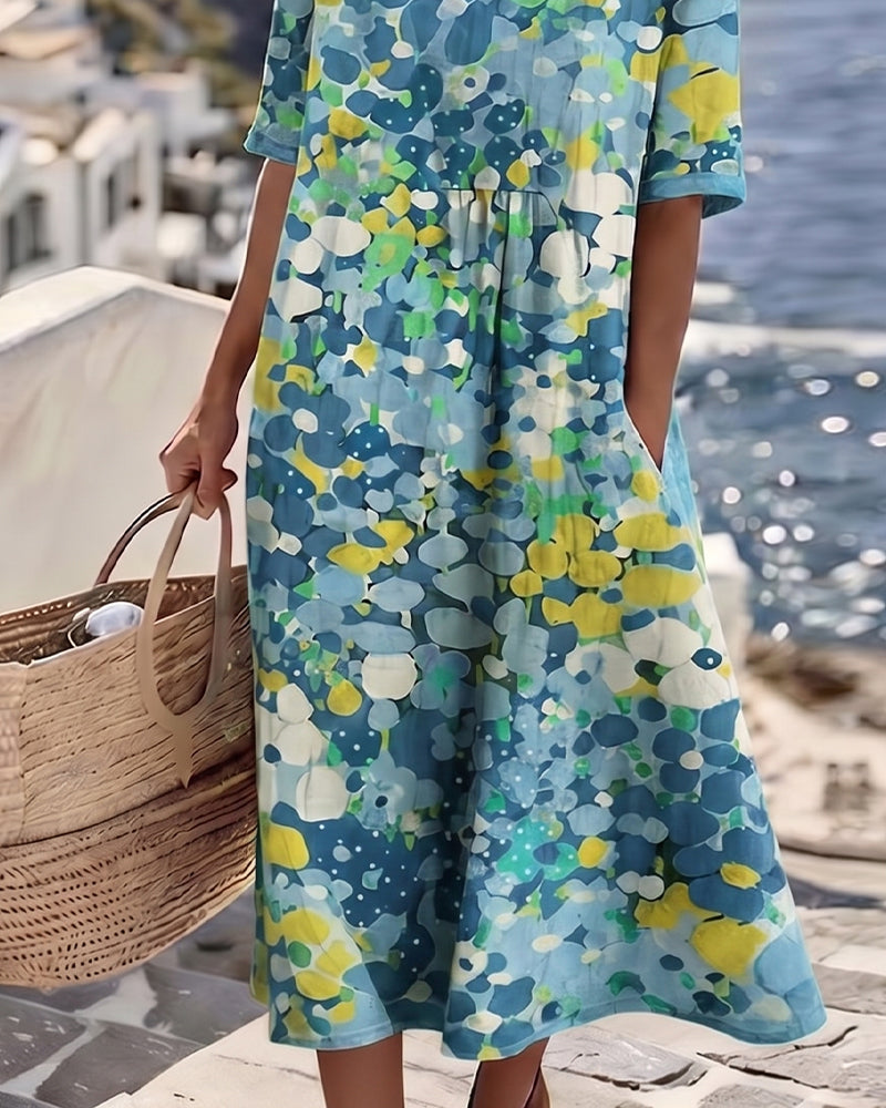Robe Midi Femme Coton Lin Poches Manches Courtes