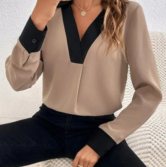 Chemisier Femme Élégant Col V Manches Longues - PanierRoyale
