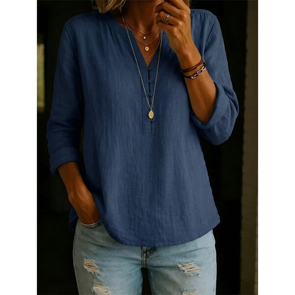 Chemise Femme Coton Col V Manches Retroussables Coupe Ample