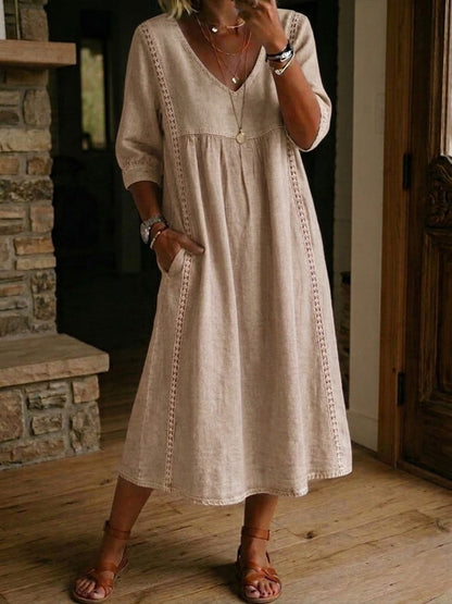 Robe Femme Coton Lin avec Dentelle Col en V