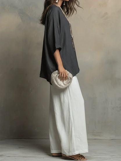 Ensemble Femme Lin Deux Pièces Coupe Ample Style Décontracté