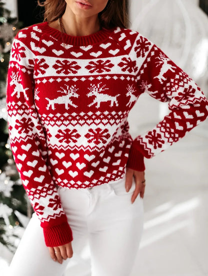Pull Femme Hiver Rouge et Blanc à Motifs de Neige