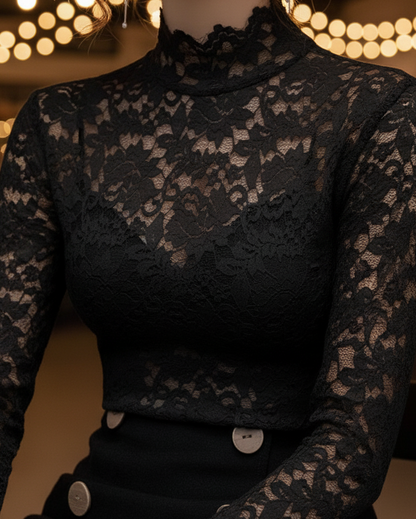 Blouse Femme en Dentelle pour Printemps avec Col Montant