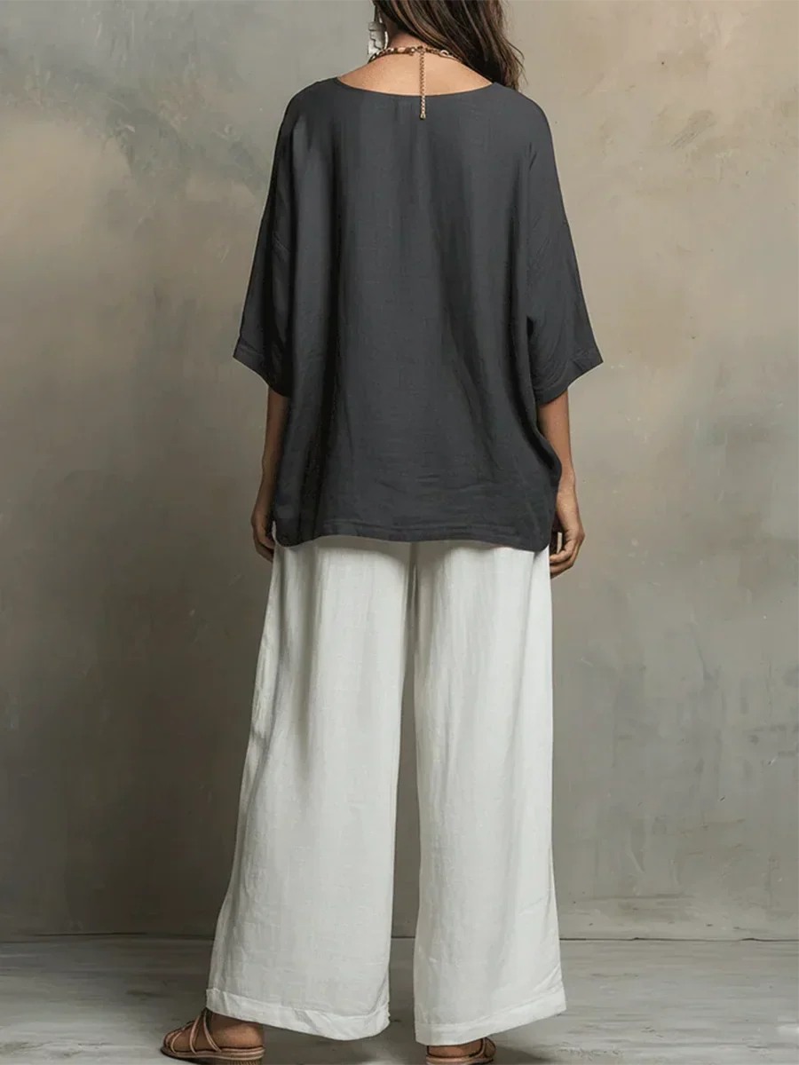 Ensemble Femme Lin Deux Pièces Coupe Ample Style Décontracté