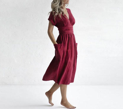 Robe Été en Lin pour Femme - Modèle Décontracté aux Manches Courtes