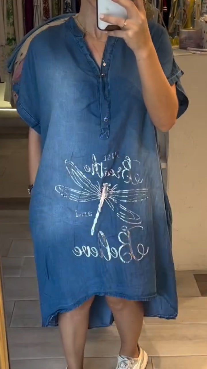 Robe Femme Jean Coupe Ample Col V Boutonnée Manches Longues