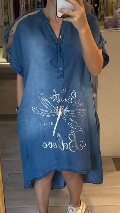 Robe Femme Jean Coupe Ample Col V Boutonnée Manches Longues