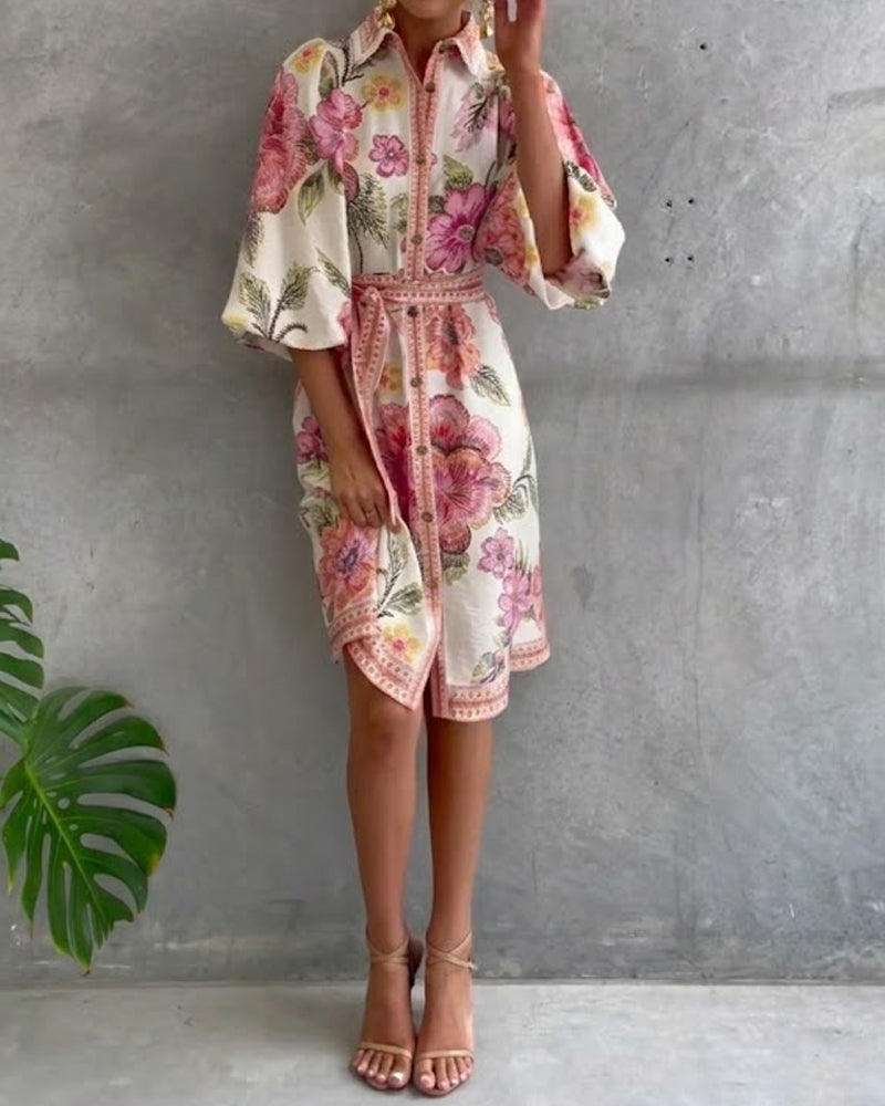 Robe Femme Imprimé Floral Manches Lanternes Boutons