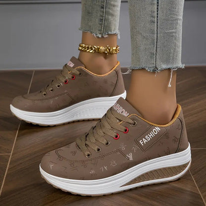 Baskets Femme Cuir Synthétique Semelle Compensée Lacets Minimalistes
