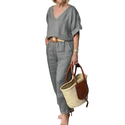Ensemble Femme Col en V Pantalon Ample Coupe Décontractée