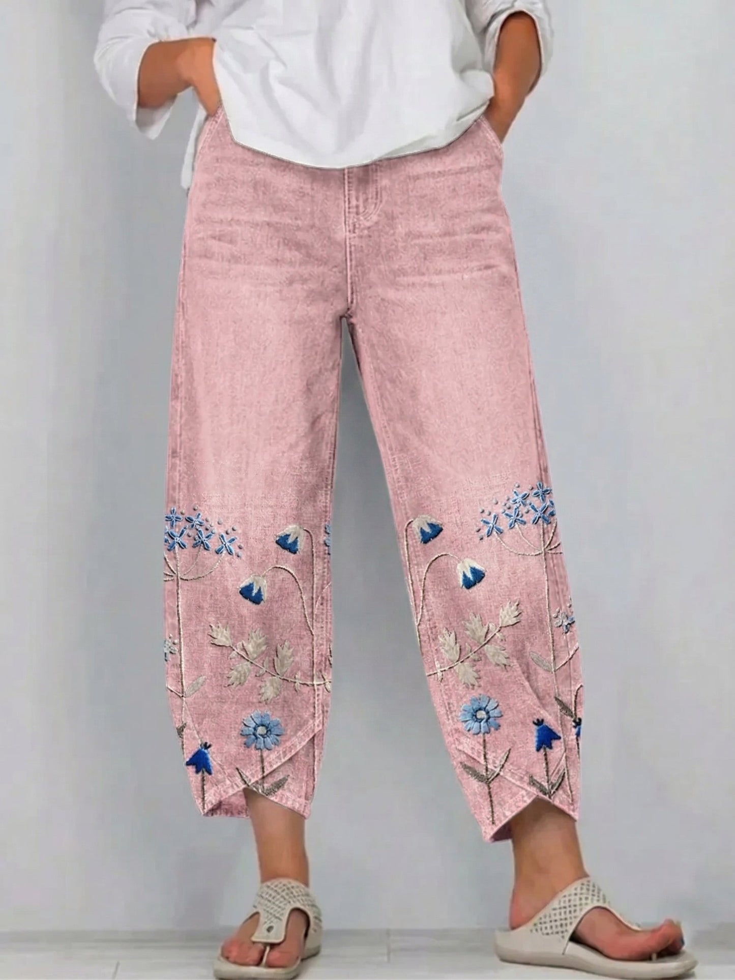Pantalon Denim Femme Broderie Florale Coupe Droite Style Boho