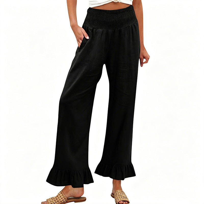 Pantalon Large Femme Coton Lin Taille Smock Volants Bas Boho