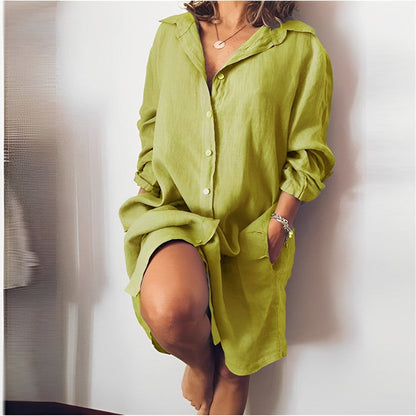 Robe Chemisier Féminine à Manches Longues et Poches Décontractée