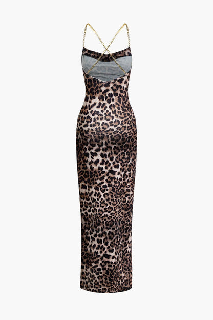 Robe Maxi Léopard Élégante avec Fente sur le Côté