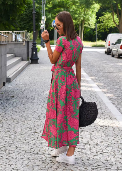 Robe Femme Fluide Coupe Portefeuille Motif Floral Manches Courtes