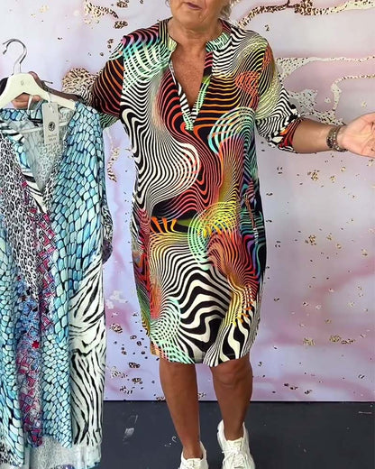 Robe Femme Col V Zippée Imprimé Abstrait Poches