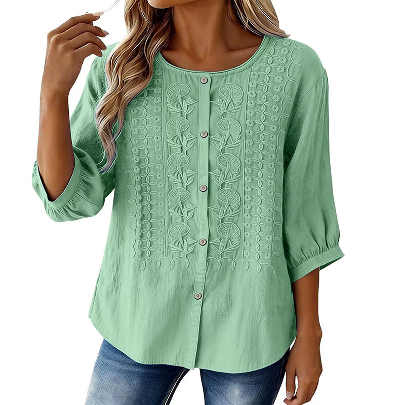 Blouse Femme Coton Lin Brodée Manches Longues