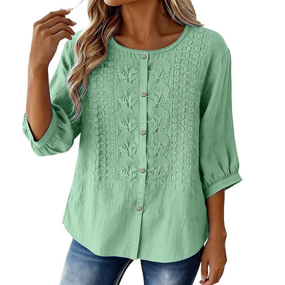 Blouse Femme Coton Lin Brodée Manches Longues