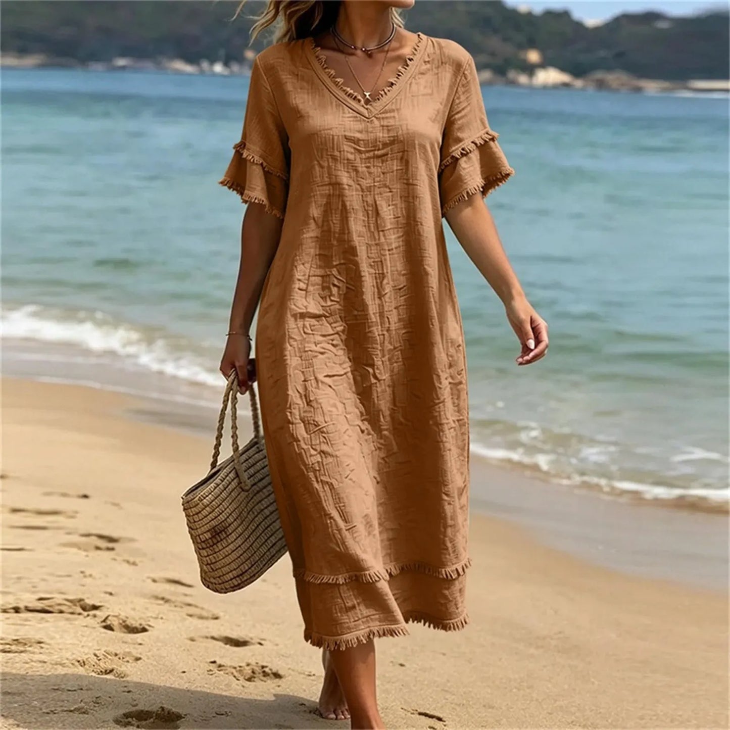 Robe Femme Fluidité Bohème Col en V avec Franges