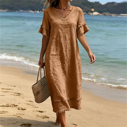 Robe Femme Fluidité Bohème Col en V avec Franges