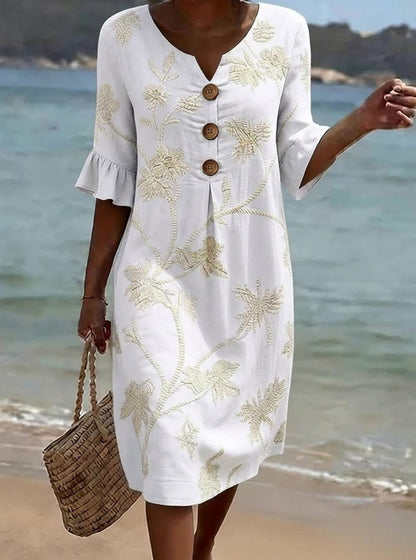 Robe Femme Coton Imprimé Floral Boutons Frontaux