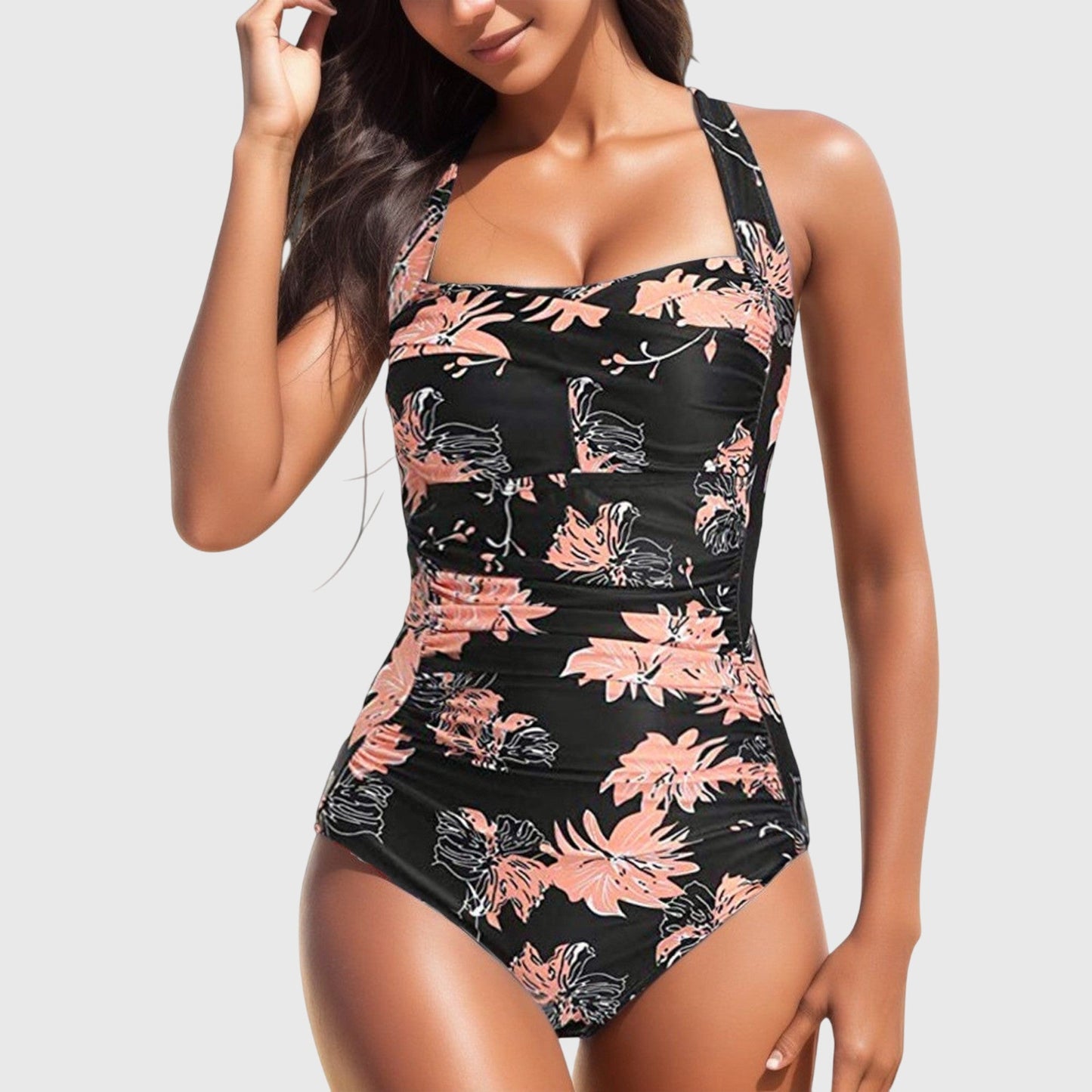 Maillot de bain une pièce Femme Imprimé Tropical Froncé Col Carré