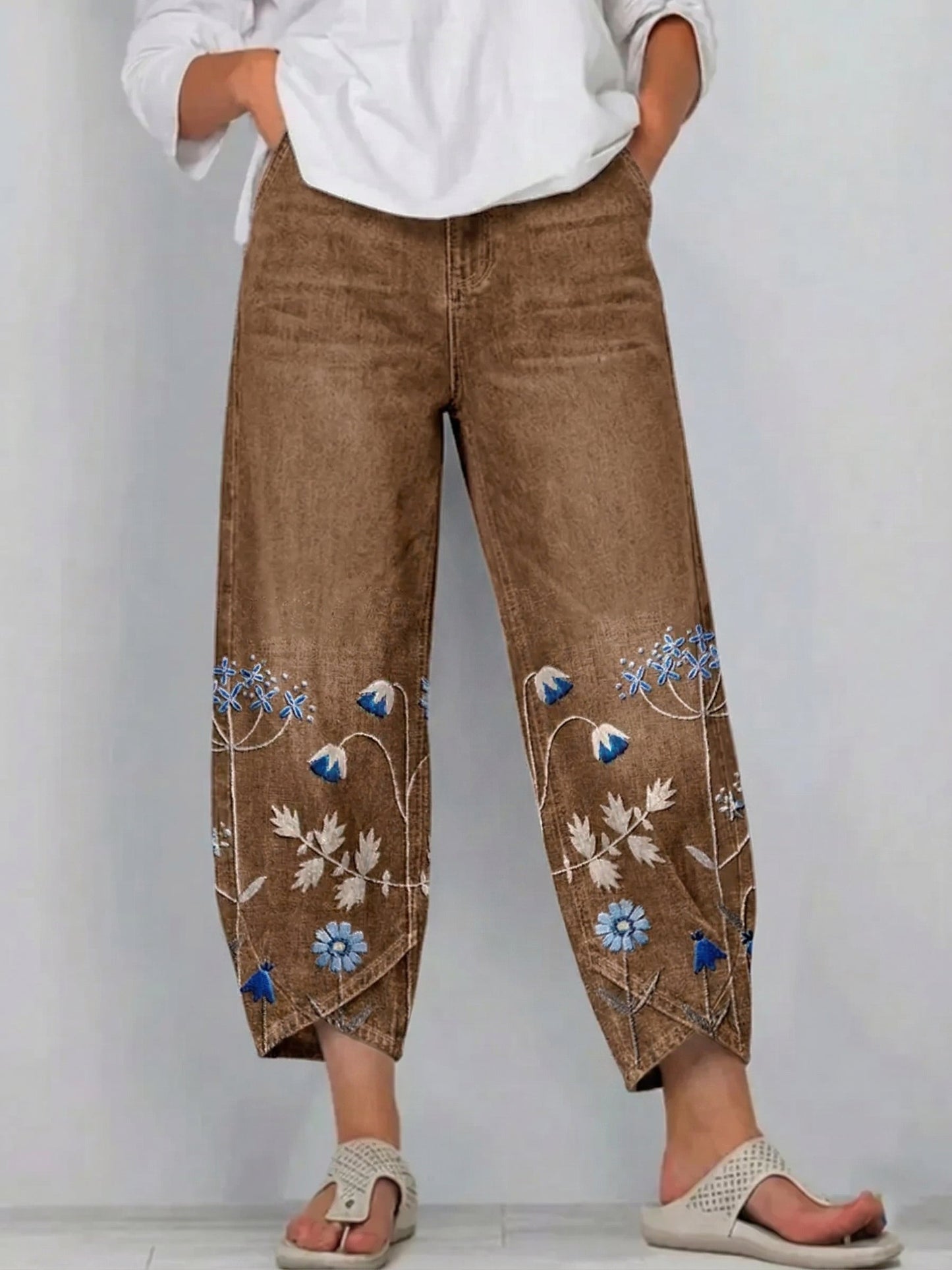 Pantalon Denim Femme Broderie Florale Coupe Droite Style Boho