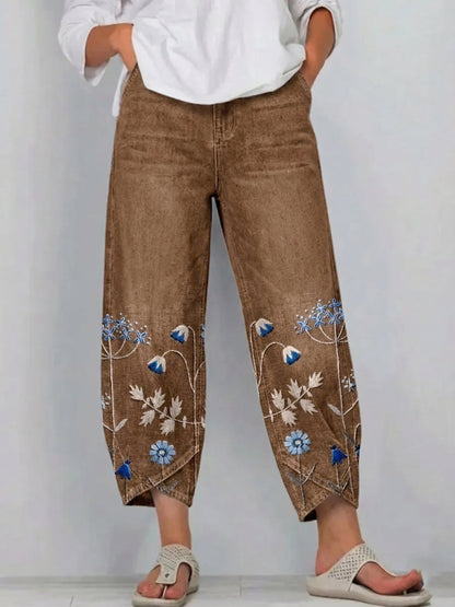 Pantalon Denim Femme Broderie Florale Coupe Droite Style Boho