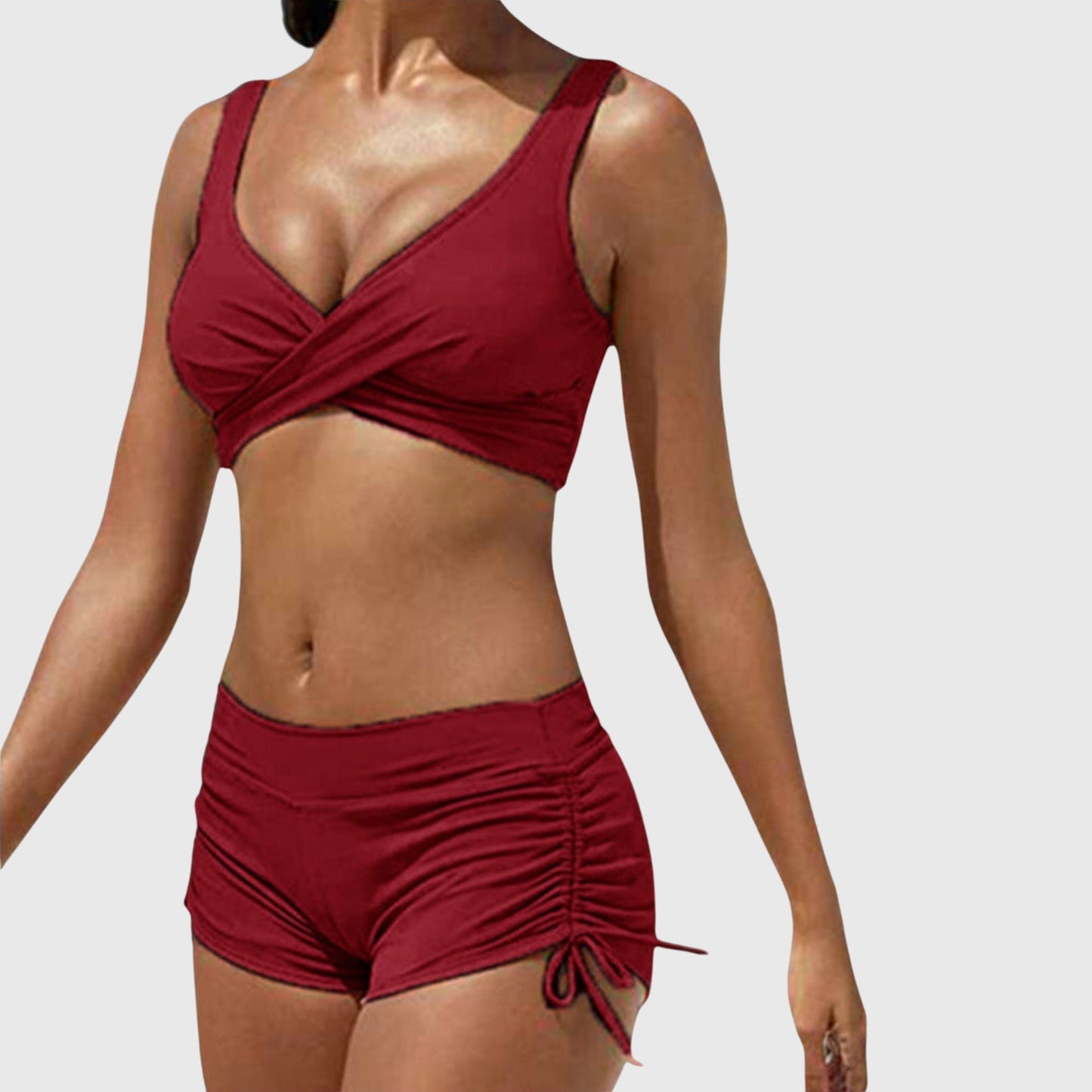 Bikini Femme Deux Pièces Crop Torsadé Short Froncé Ajustable