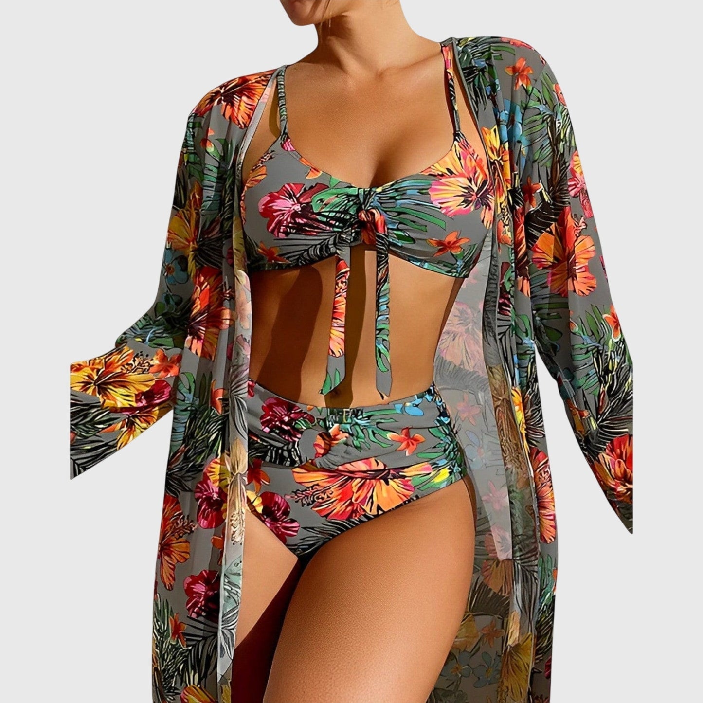 Bikini Trois Pièces Femme Imprimé Tropical Noué Kimono Assorti