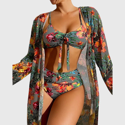 Bikini Trois Pièces Femme Imprimé Tropical Noué Kimono Assorti