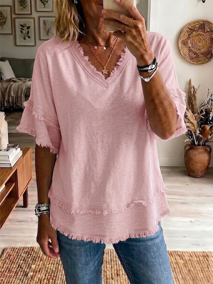 Haut Femme Lin Col en V Coupe Décontractée