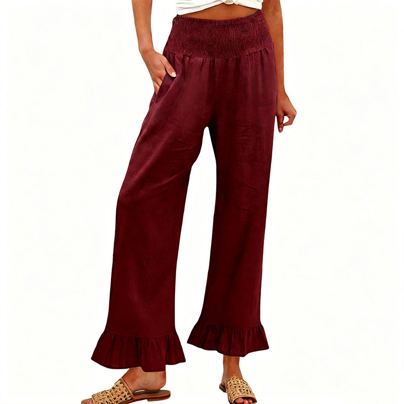 Pantalon Large Femme Coton Lin Taille Smock Volants Bas Boho