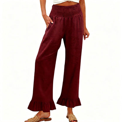Pantalon Large Femme Coton Lin Taille Smock Volants Bas Boho