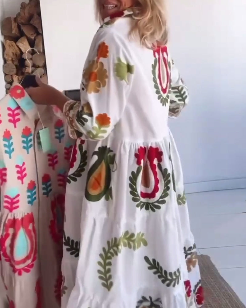 Robe midi Femme Fluide Imprimé Floral Col Revers Manches Courtes