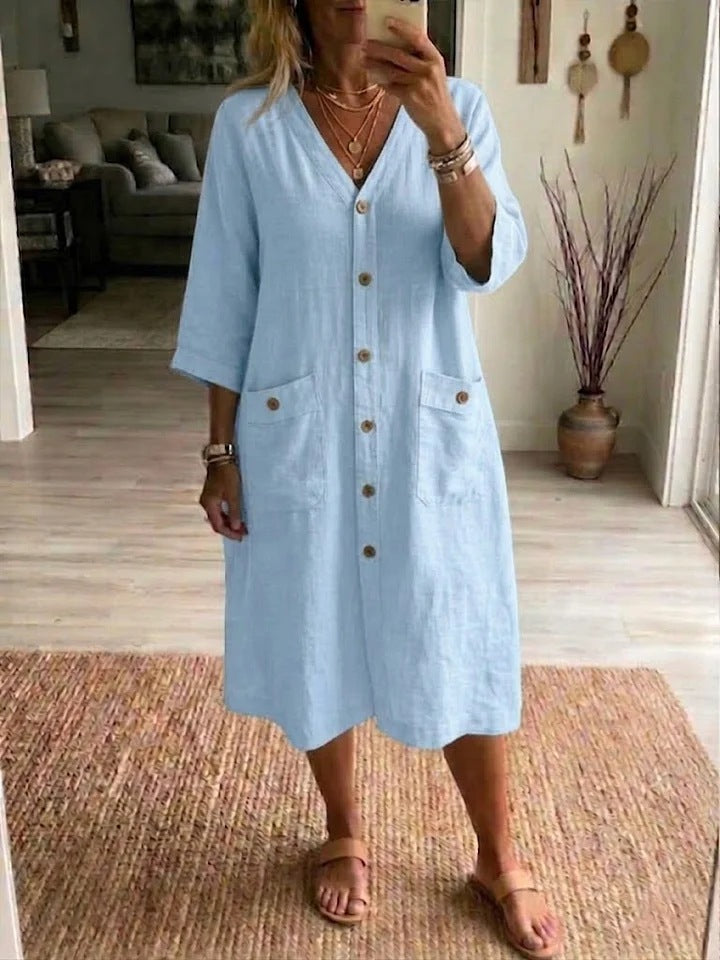 Robe Midi Femme Coton Lin Col en V Boutonnée Coupe Ample