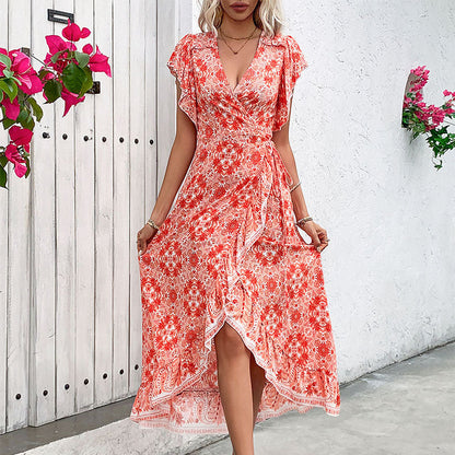 Robe Femme Longue Élégante Col en V et Volants