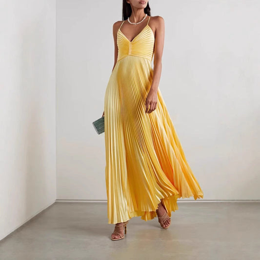 ÉléganceFemme™ – Robe Longue Femme Plissée Col en V Chic et Fluide-1