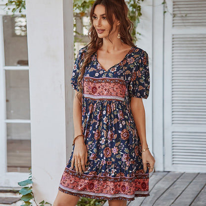Robe Femme Courte Col en V Manches Bouffantes