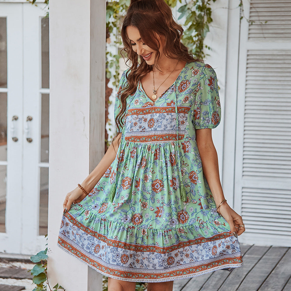 Robe Femme Courte Col en V Manches Bouffantes